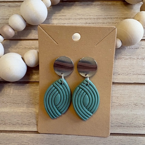 Handmade Teal Geometric Drop Earrings with Silver Studs Boho Minimalist Jewelry - Picture 5 of 8